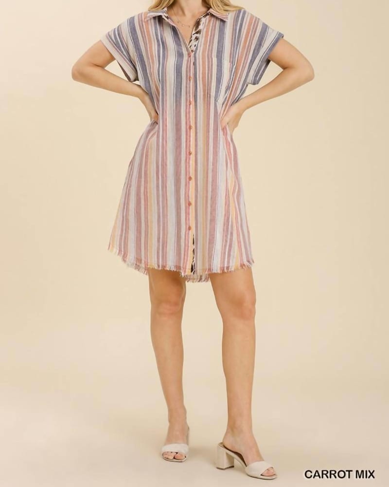 Front of a model wearing a size Large Bleached Stripe Collared Dress In Carrot Mix in Carrot Mix by Umgee. | dia_product_style_image_id:346458